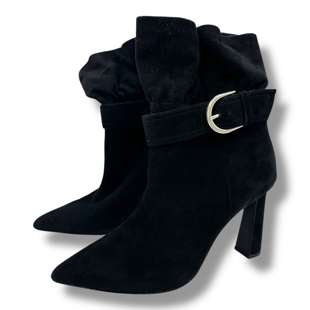 Joie Alby Black Suede Slouchy Ankle Boots Pointed Toe Heel Gold Buckle Size 39